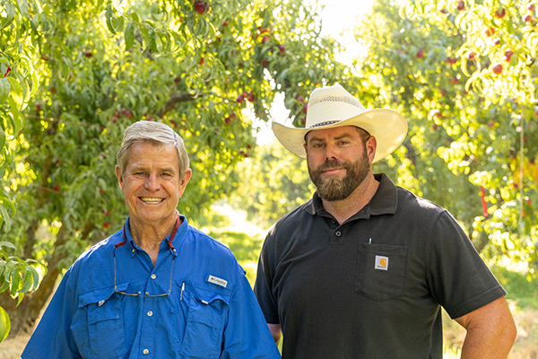 Two smiling men in an orchard